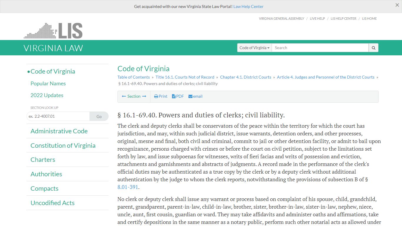§ 16.1-69.40. Powers and duties of clerks; civil liability - Virginia